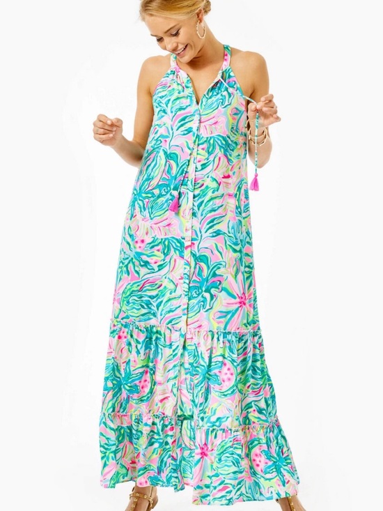 Lilly Pulitzer Dresses & Skirts - Lilly Pulitzer Multicolor Floral Halter Maxi Dress - Turquoise, Pink, Green